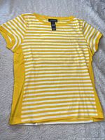 Front view of yellow and white striped Jones New York Signature T-shirt