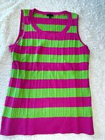 Front view of sleeveless pink and green striped ribbed knit top