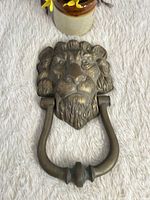 Full view of brass lion head door knocker on fabric background