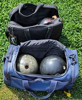 Two bags on grass with three balls; shows overall lot