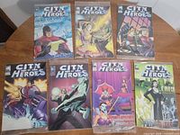 All seven sealed City of Heroes comics laid out on table