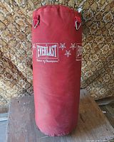 Full view of red Everlast heavy bag standing upright