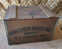 Front of wooden crate showing Anheuser-Busch lettering and overall exterior