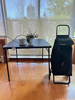 Full lot view with table, trolley, watering can, and potted orchid