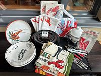 Group shot of all dinnerware, linens and tools