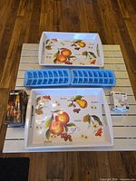 All items laid out: two platters, two ice trays, filter box, thermometer box