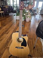 Full view of guitar on stand with case partially visible