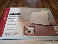 Box top showing product name and image of heater