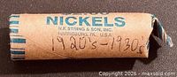 Full view of wrapped $2.00 nickels roll with handwritten "1920's-1930's" note