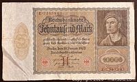 Obverse of 10,000 Mark note showing portrait, denomination, serial