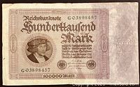 Obverse of 1923 100,000 Mark note showing serial G03898457 and portrait