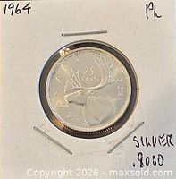 Coin in holder showing caribou reverse and date 1964