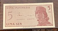 Obverse of 1964 Indonesian 5 Sen note showing portrait and denomination