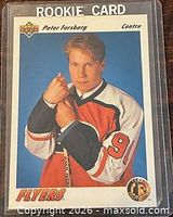 Front of Peter Forsberg Upper Deck rookie card in sleeve
