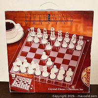 Retail box front showing Fifth Avenue Crystal Chess / Checkers Set