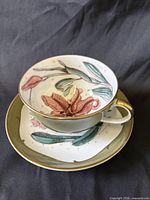 Teacup on saucer showing interior floral design and exterior color