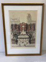 Full view of framed etching showing frame and mat