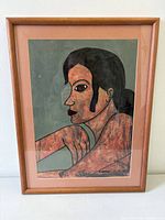 Frontal view of framed painting showing artwork, mat and frame