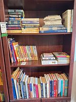 Full bookshelf view showing three shelves of mixed books