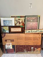 Group shot showing all framed prints, wood signs and boxed Sauder file