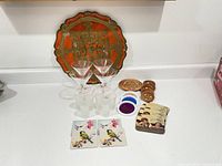 Group shot showing tray, glasses and assorted coasters