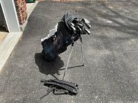 Stand bag with legs deployed and clubs visible