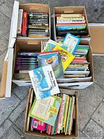 Top view showing all five boxes filled with assorted books
