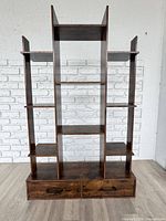 Full view of wood hutch topper showing shelves and drawers