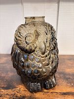 Front view of smoky grey glass owl money jar