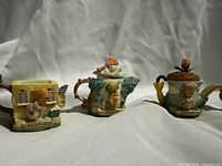 Three teapots labelled February, March, April showing design details