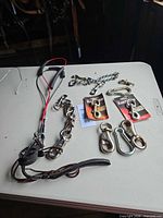 Overview of all hardware and leashes on table