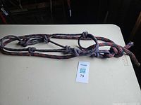 Multicolour braided nylon rope halter with knotted construction laid on table with tag 78, includes attached lead rope