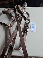 Full bridle coiled on table showing straps and brass hardware