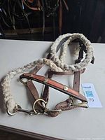 Full view of brown nylon halter with attached cream braided rope on table