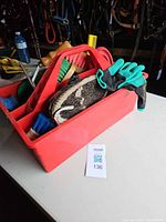 Overall view of red tote and assorted grooming tools