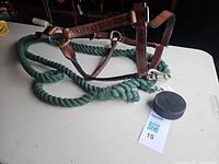 Full view leather halter and green lead rope on table