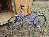 Left side full view of bicycle showing frame style, wheels, rack and fenders