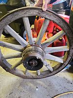 Full view of wagon wheel showing spokes, hub, and iron rim