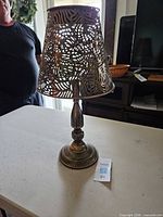 Full view of metal table lamp with filigree shade