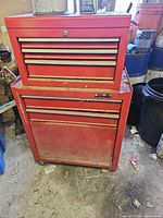 Front view of two-piece Waterloo red tool chest