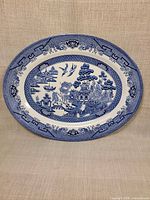 Front view of oval Blue Willow platter showing full pattern