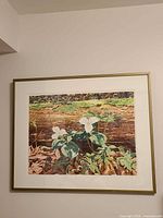 Front view of framed botanical print hung on wall