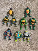 Full lot showing 8 turtle heroes and 3 side characters on carpet
