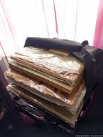Stack of sealed butterfly leaf photo albums in carry bag