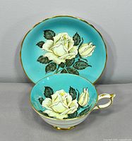 teacup and saucer front view showing pattern