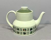 Full side view of lidded teapot showcasing pattern