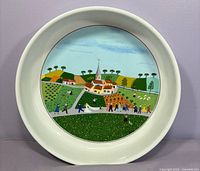 Full view of shallow serving bowl showing Design Naif wedding scene interior and cream rim