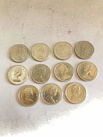 Obverse view of 11 Canadian 50-cent coins laid out