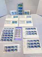 Group shot showing all stamp sheets, blocks, pane and six FDC envelopes