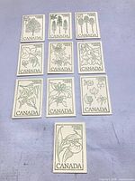 All ten Canadian botanical cinderella stamp labels arranged on flat surface